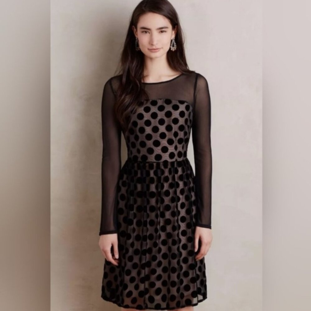 Anthropologie Sunday in Brooklyn Dress Size 0 Black Long Sleeve Polka Dot